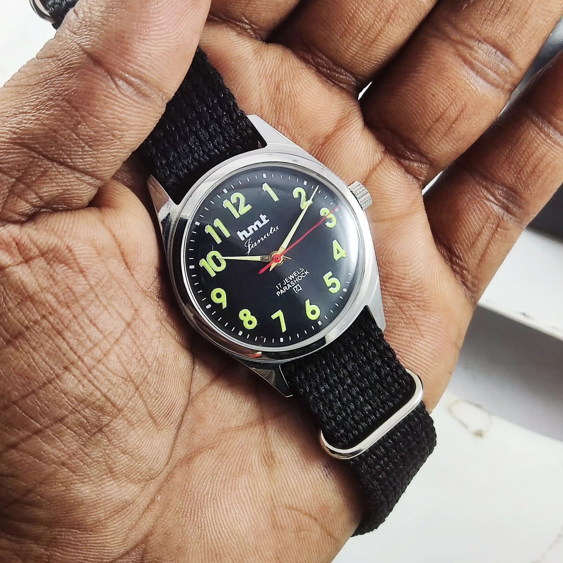 HMT Janata Glow In The Dark Para Shock 17 Jewels Black Dial Transparent Back Discover-Diamonds