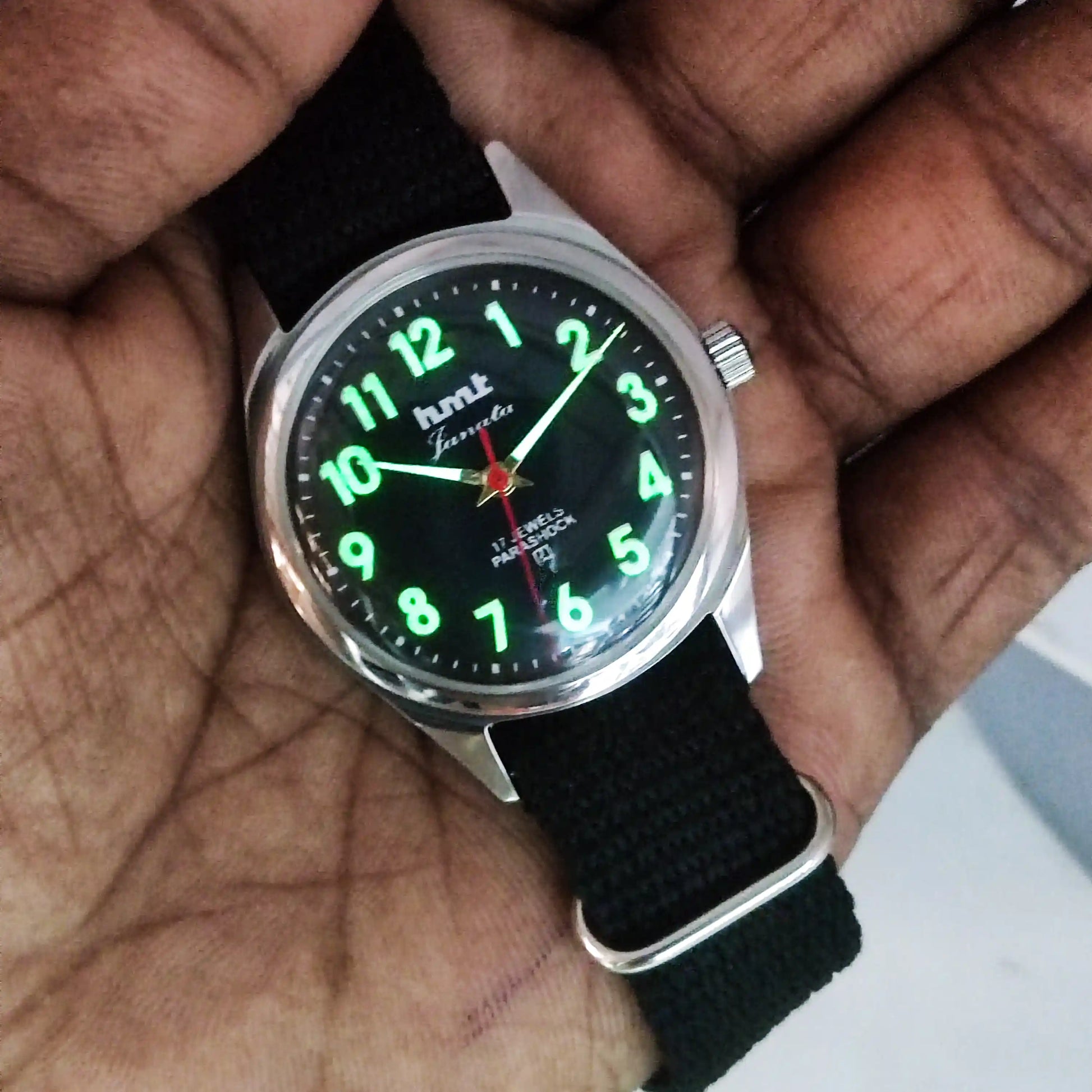 HMT Janata Glow In The Dark Para Shock 17 Jewels Black Dial Transparent Back Discover-Diamonds