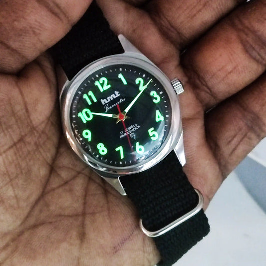 HMT Janata Glow In The Dark Para Shock 17 Jewels Black Dial Transparent Back Discover-Diamonds
