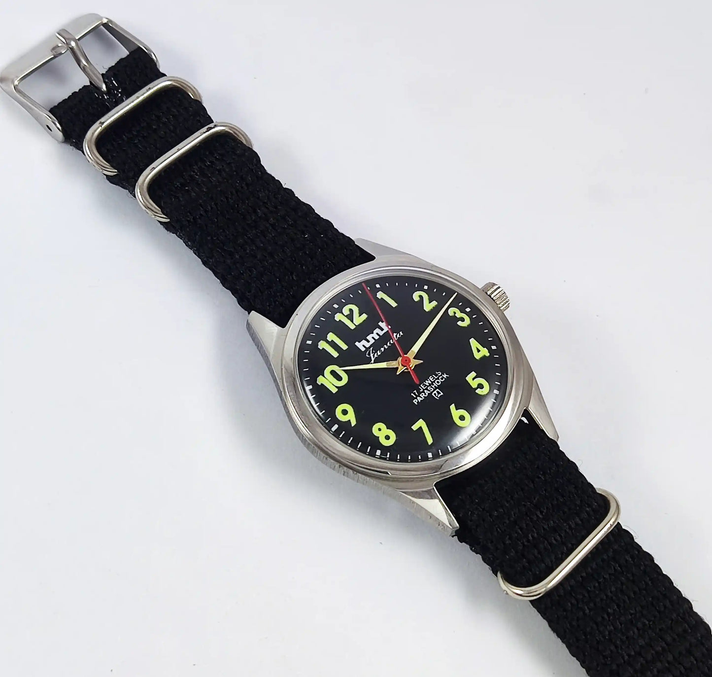 HMT Janata Glow In The Dark Para Shock 17 Jewels Black Dial Transparent Back Discover-Diamonds