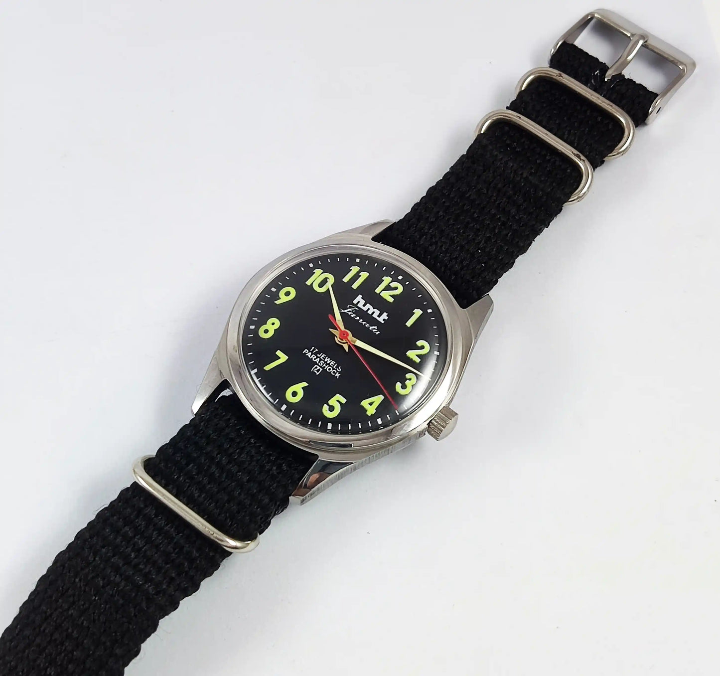 HMT Janata Glow In The Dark Para Shock 17 Jewels Black Dial Transparent Back Discover-Diamonds