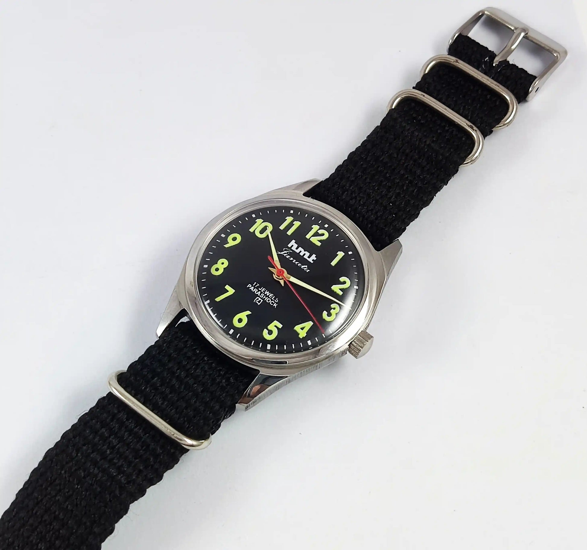 HMT Janata Glow In The Dark Para Shock 17 Jewels Black Dial Transparent Back Discover-Diamonds