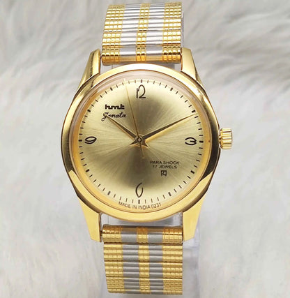 HMT Janata Handwinding Para Shock 17 Jewels Golden Dial Men's Watch Transparent Back