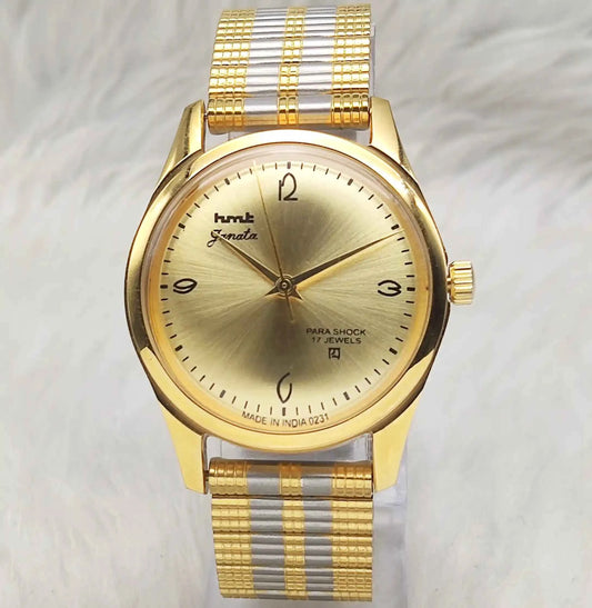HMT Janata Handwinding Para Shock 17 Jewels Golden Dial Men's Watch Transparent Back