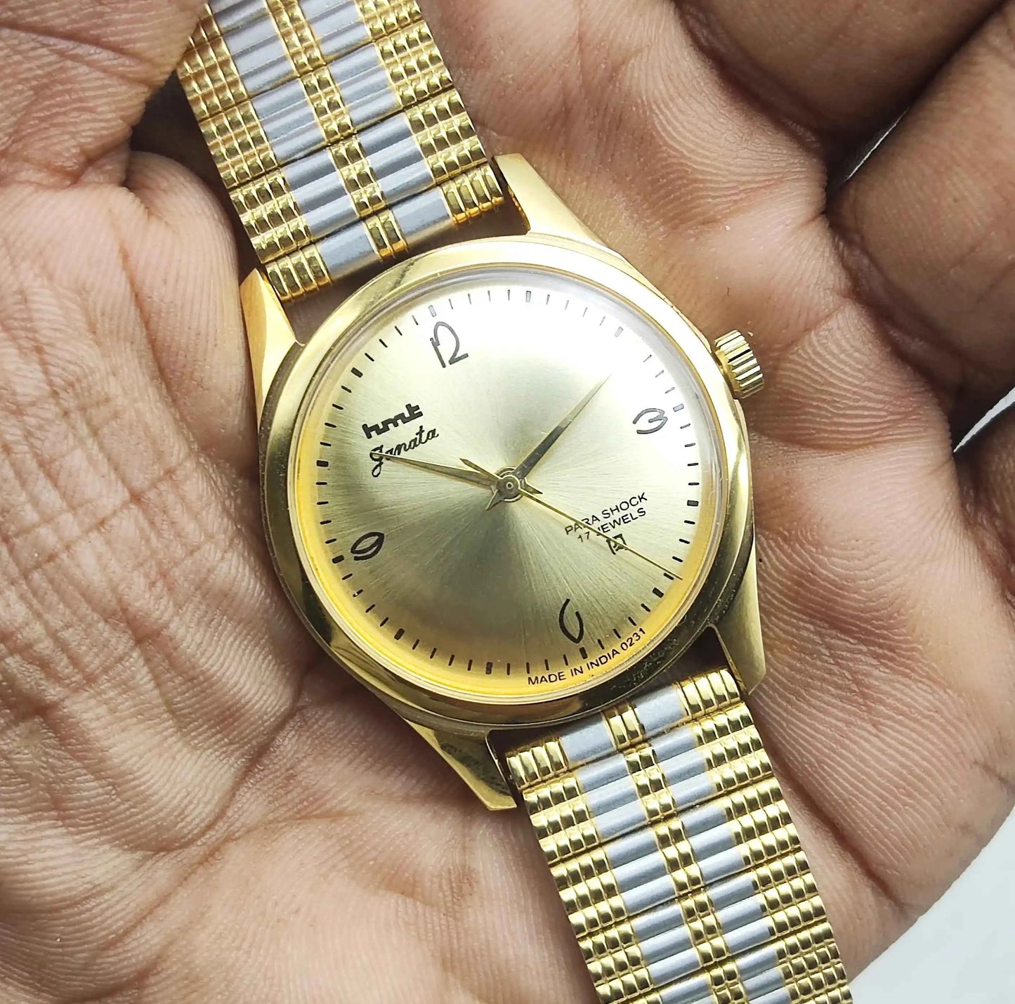 HMT Janata Handwinding Para Shock 17 Jewels Golden Dial Men's Watch Transparent Back
