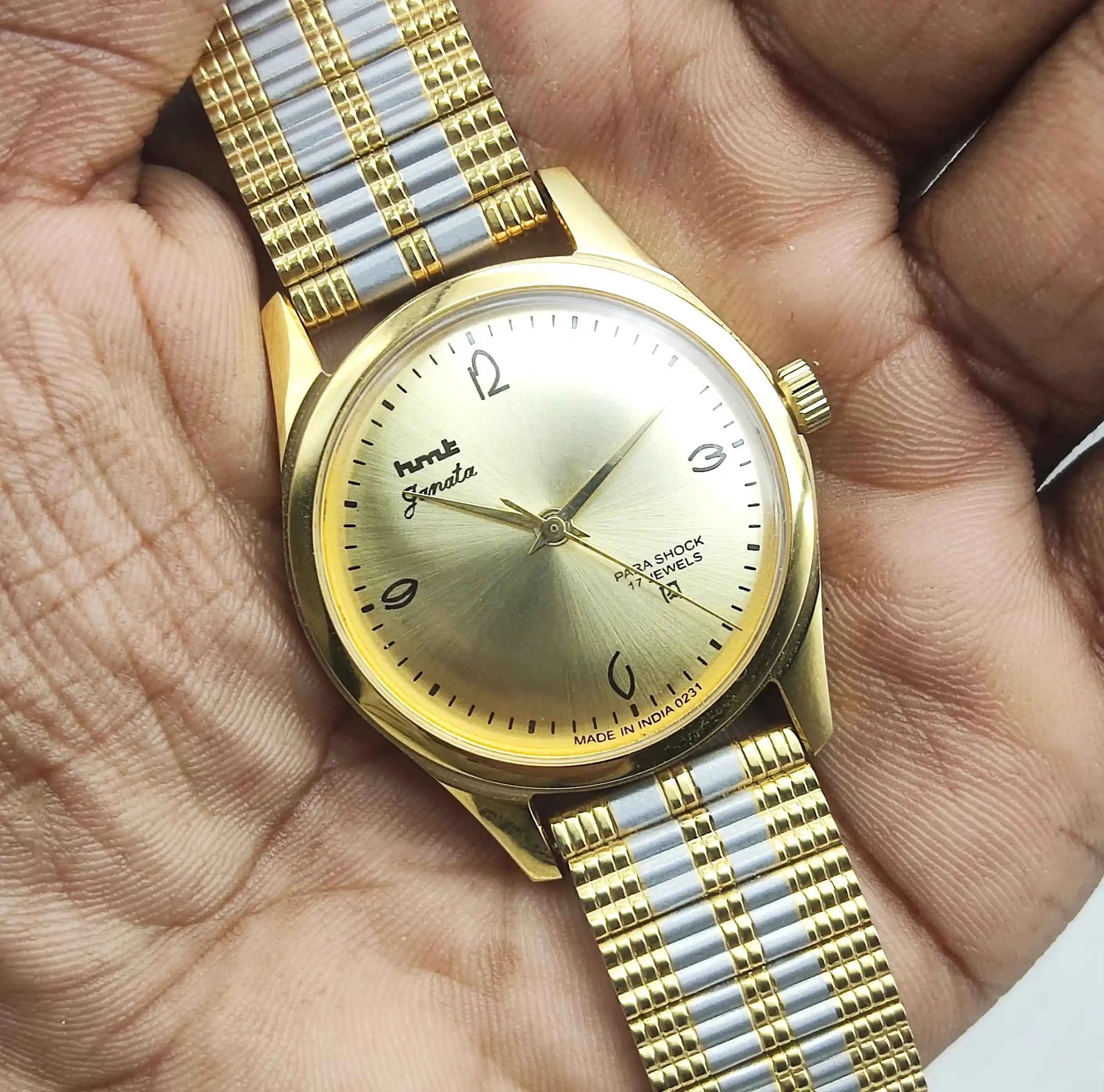 HMT Janata Handwinding Para Shock 17 Jewels Golden Dial Men's Watch Transparent Back