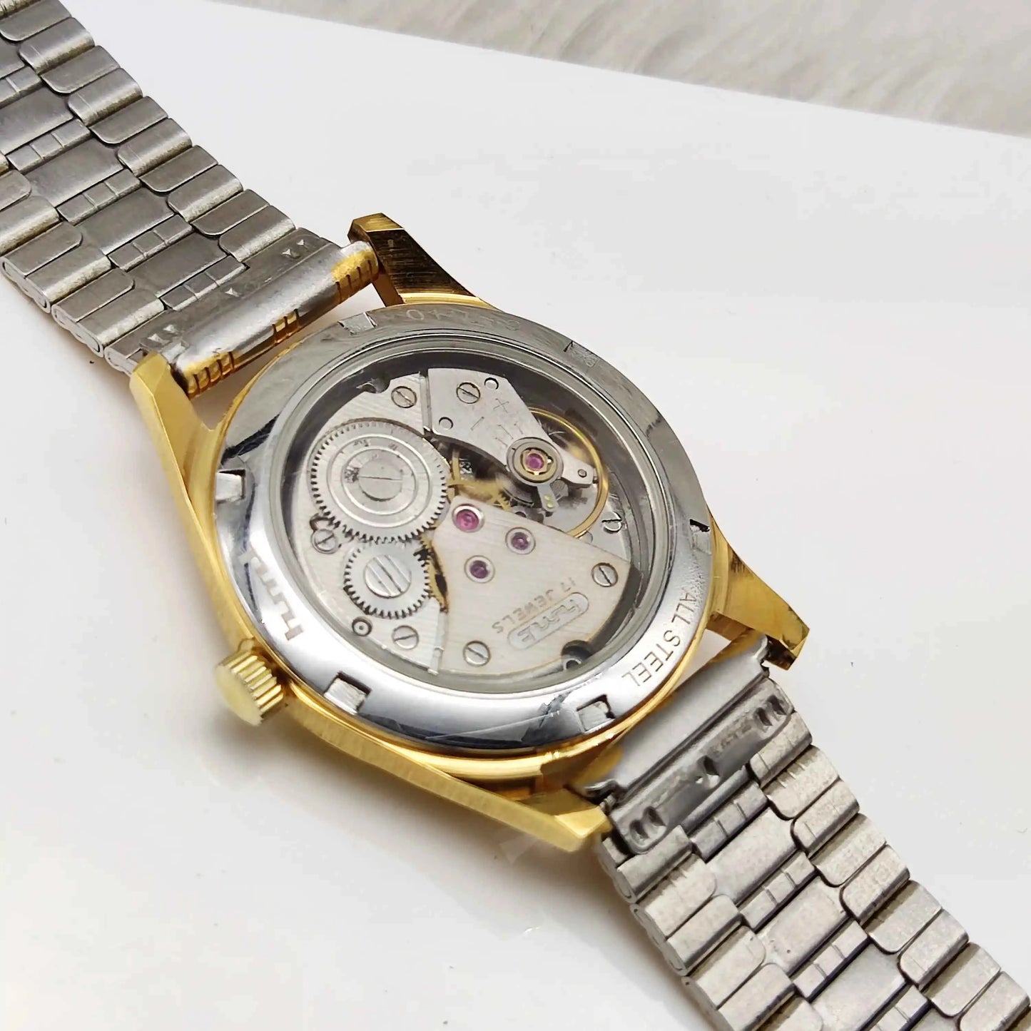 HMT Janata Handwinding Para Shock 17 Jewels Golden Dial Men's Watch Transparent Back