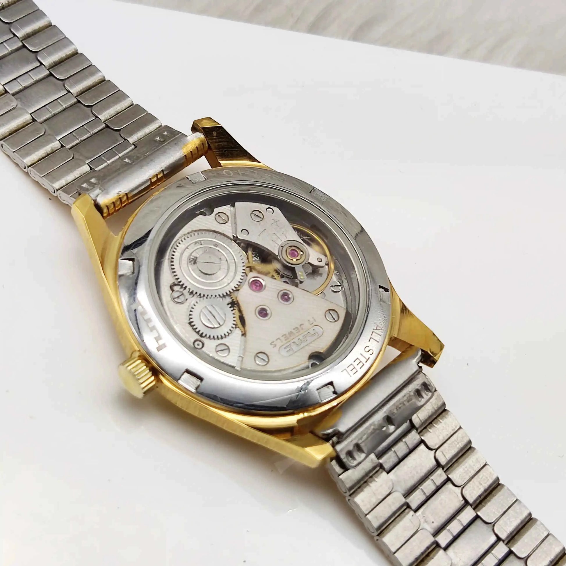 HMT Janata Handwinding Para Shock 17 Jewels Golden Dial Men's Watch Transparent Back