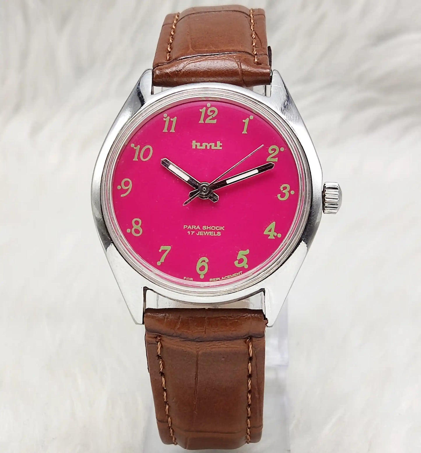 HMT Handwinding Men's Watch with Pink Dial English Numerals,17 Jewels