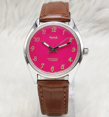 HMT Handwinding Men's Watch with Pink Dial English Numerals,17 Jewels