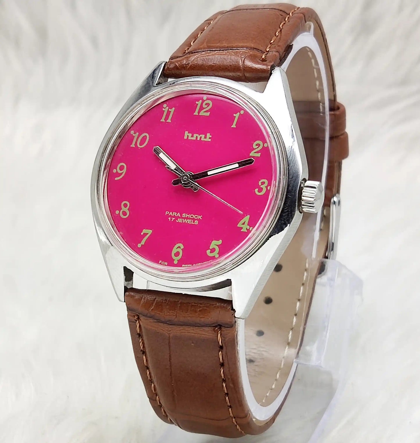 HMT Handwinding Men's Watch with Pink Dial English Numerals,17 Jewels