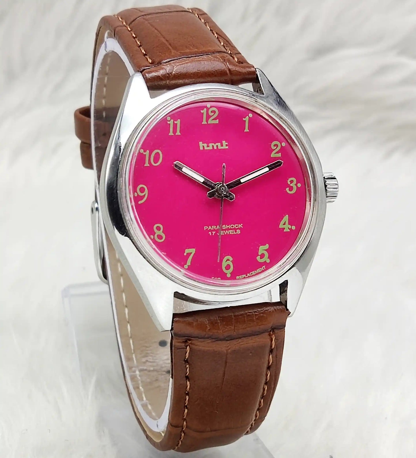 HMT Handwinding Men's Watch with Pink Dial English Numerals,17 Jewels