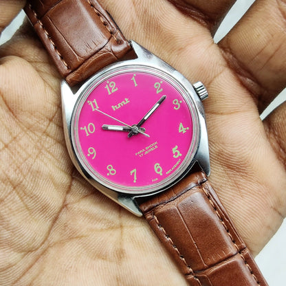 HMT Handwinding Men's Watch with Pink Dial English Numerals,17 Jewels
