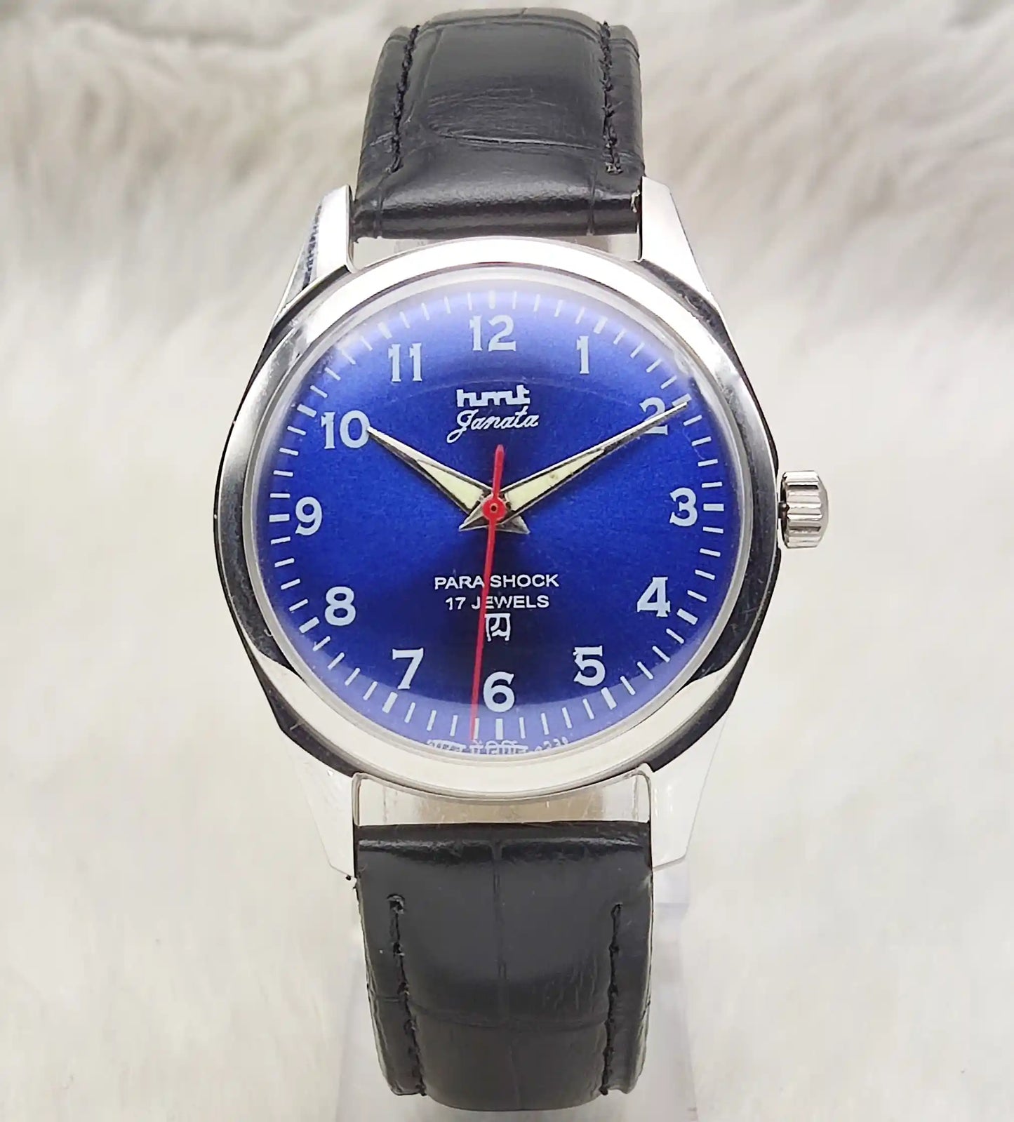 HMT Janata Mechanical Handwinding Watch: Bluish Dial Transparent Back