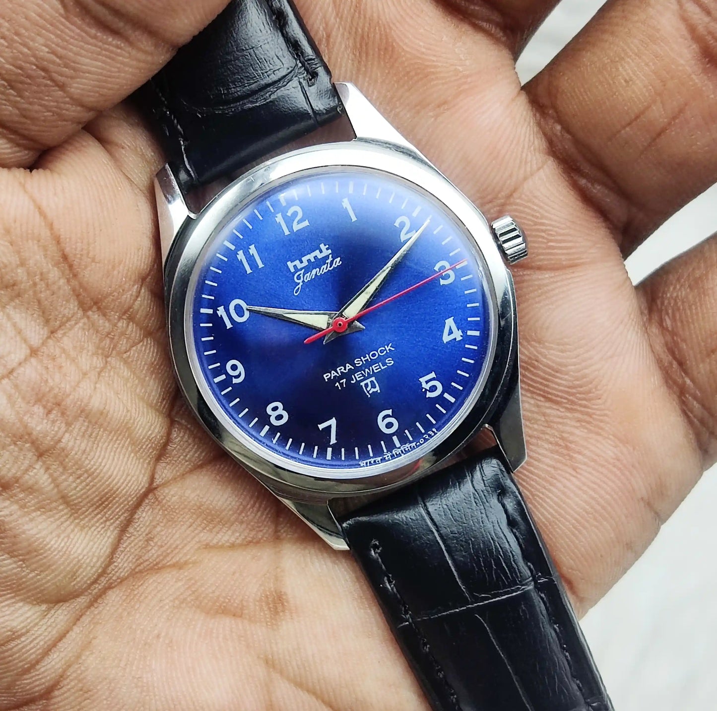 HMT Janata Mechanical Handwinding Watch: Bluish Dial Transparent Back