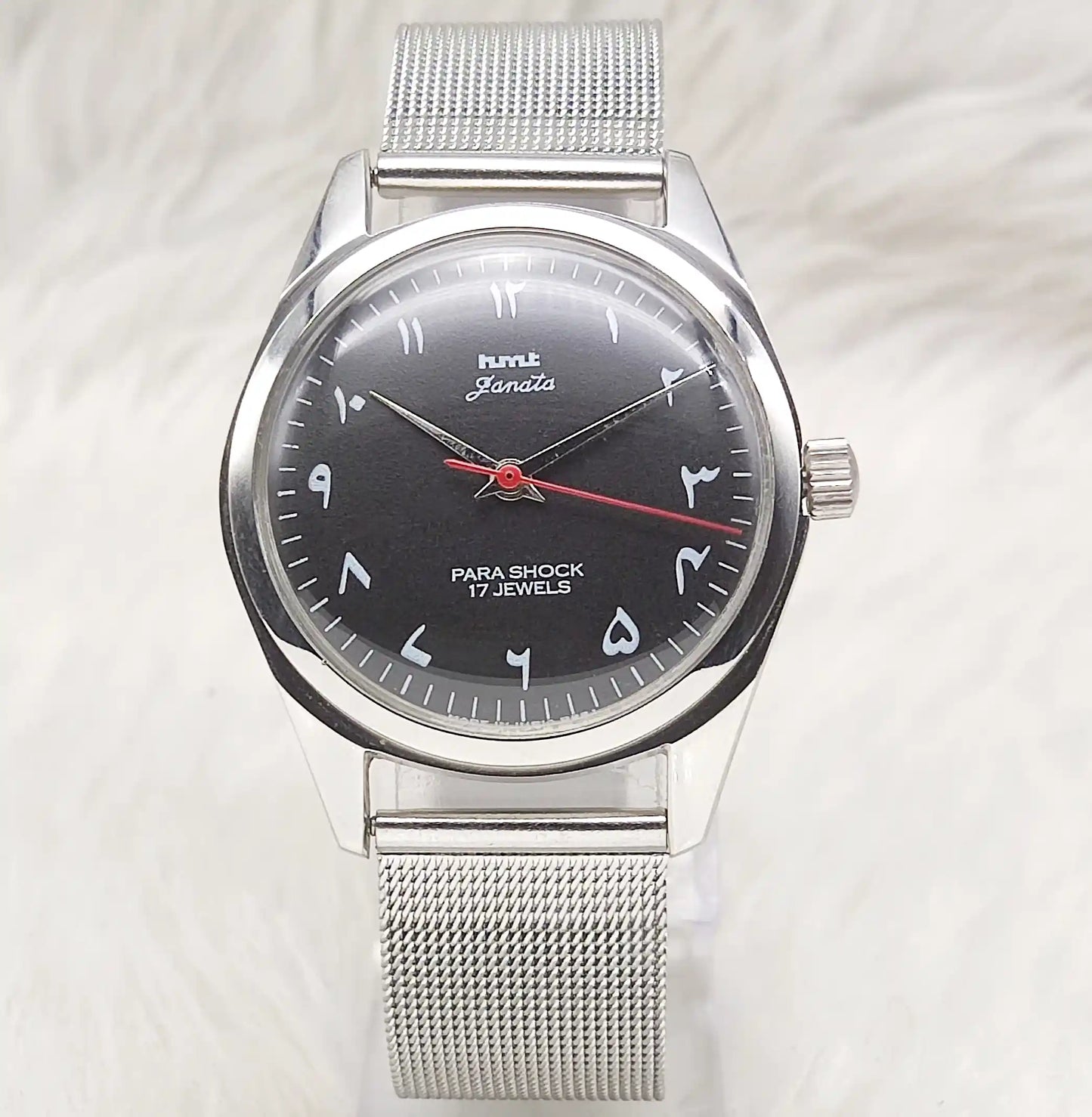 HMT Janata Handwinding Men's Watch with Black Dial Arabic Font and Transparent Back, 17 Jewels