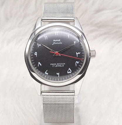 HMT Janata Handwinding Men's Watch with Black Dial Arabic Font and Transparent Back, 17 Jewels