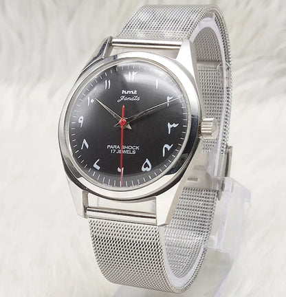 HMT Janata Handwinding Men's Watch with Black Dial Arabic Font and Transparent Back, 17 Jewels
