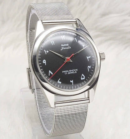 HMT Janata Handwinding Men's Watch with Black Dial Arabic Font and Transparent Back, 17 Jewels