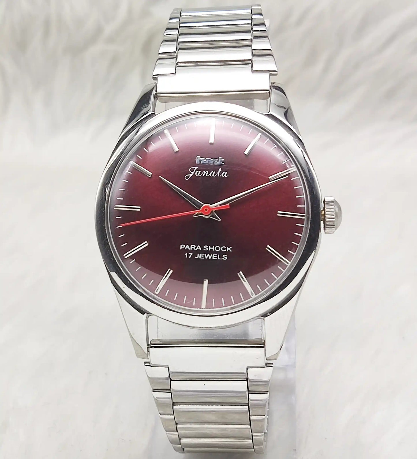 HMT Janata Handwinding Watch with Maroon Dial and Stick Indices, 17 Jewels - Men's Timepiece