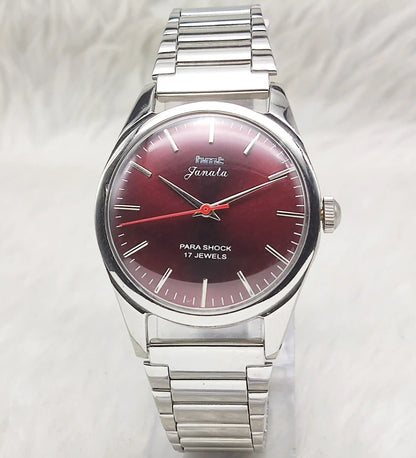 HMT Janata Handwinding Watch with Maroon Dial and Stick Indices, 17 Jewels - Men's Timepiece