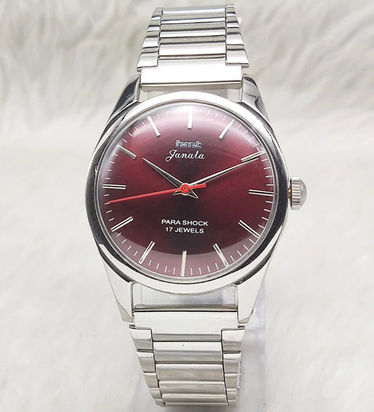 HMT Janata Handwinding Watch with Maroon Dial and Stick Indices, 17 Jewels - Men's Timepiece