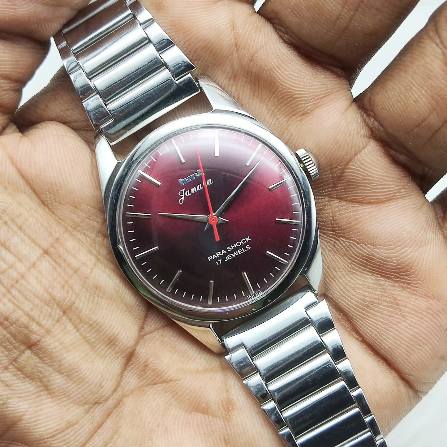 HMT Janata Handwinding Watch with Maroon Dial and Stick Indices, 17 Jewels - Men's Timepiece