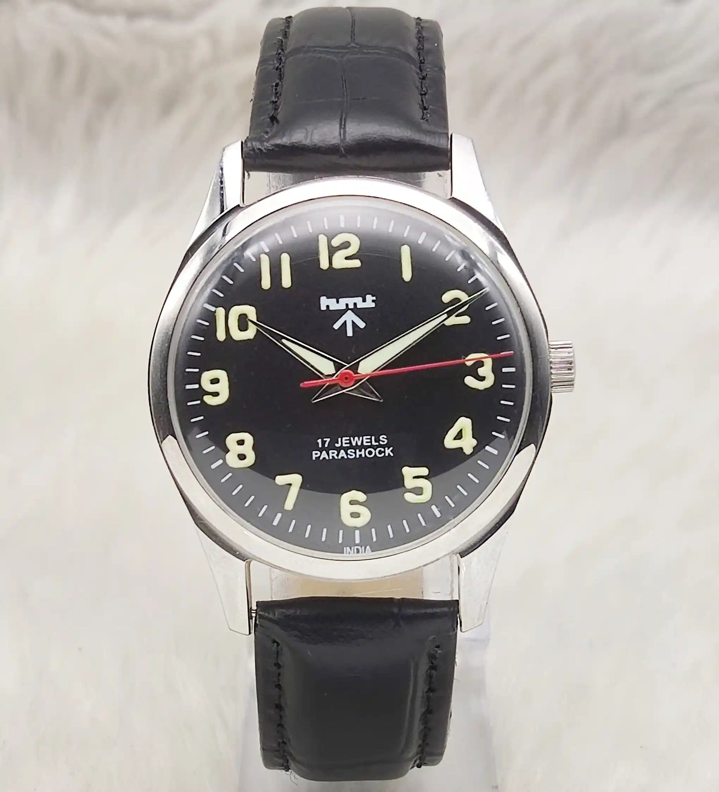 HMT Mechanical Handwinding Watch: Black Dial Transparent Back