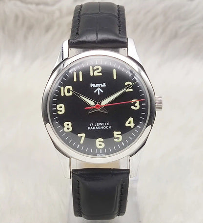 HMT Mechanical Handwinding Watch: Black Dial Transparent Back