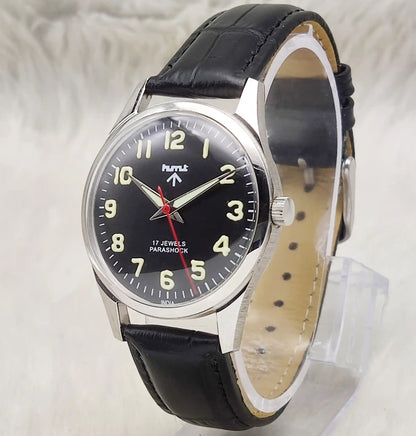 HMT Mechanical Handwinding Watch: Black Dial Transparent Back