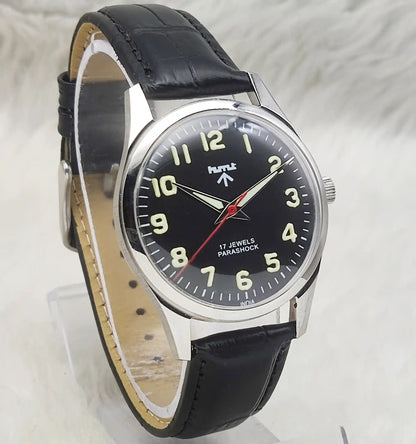 HMT Mechanical Handwinding Watch: Black Dial Transparent Back