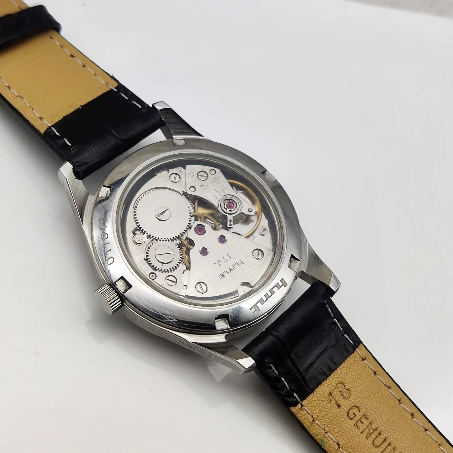 HMT Mechanical Handwinding Watch: Black Dial Transparent Back
