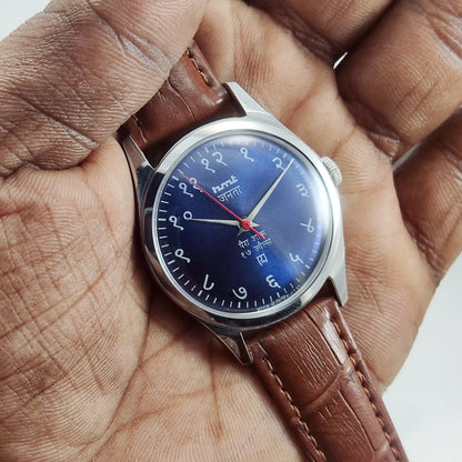 HMT Janata Devanagari Font 17 Jewels Blue Dial Transparent Back Discover-Diamonds