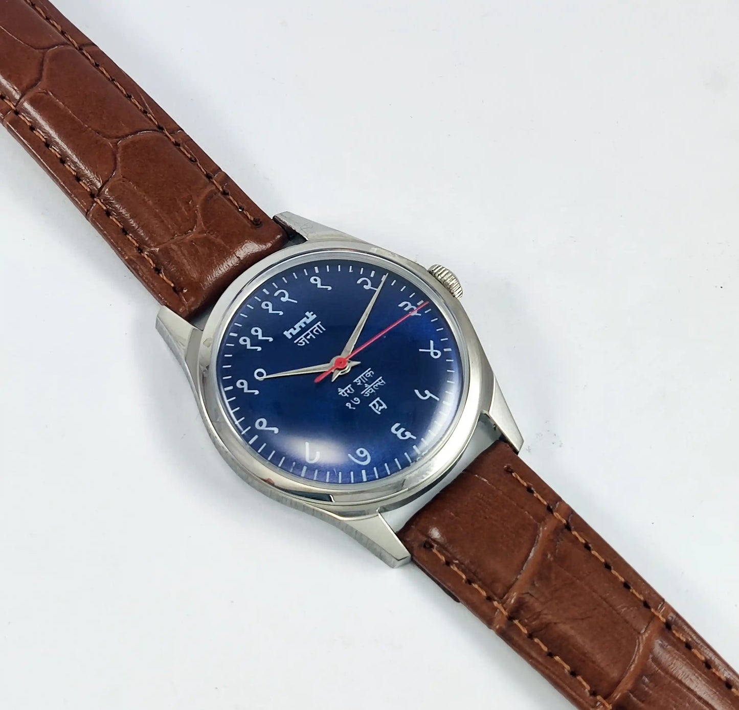 HMT Janata Devanagari Font 17 Jewels Blue Dial Transparent Back Discover-Diamonds