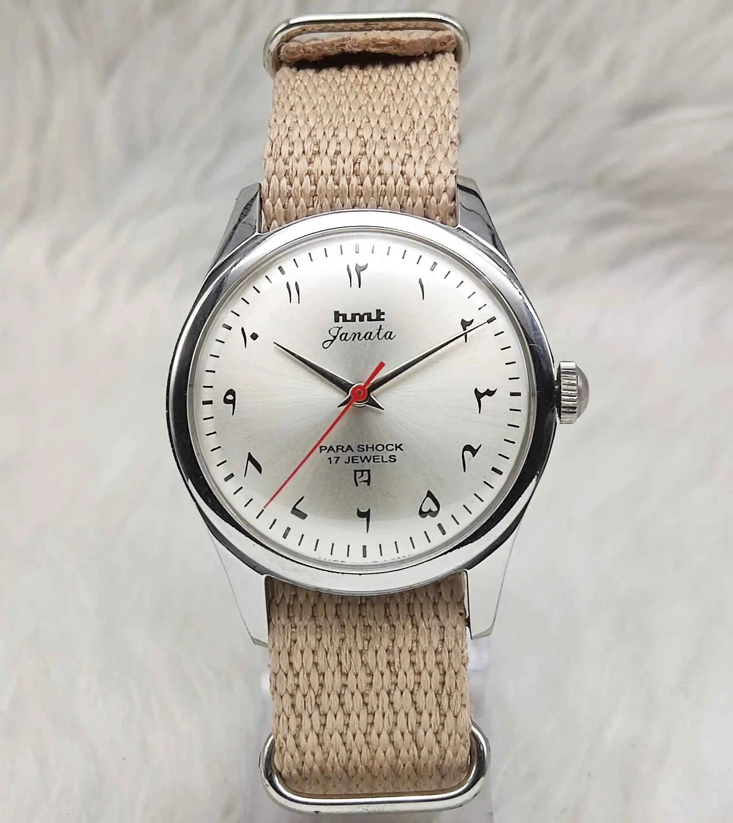 HMT Janata Pearl Dial Arabic Font Mechanical Handwinding 17 Jewels Para Shock Watch