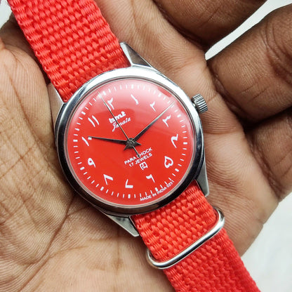 HMT Janata 17 Jewels Red Dial Arabic Font Handwinding Watch