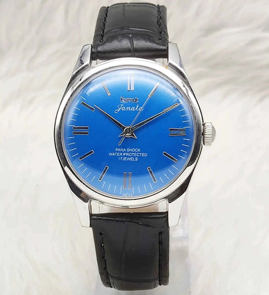HMT Janata Stick Indices Blue Dial Watch - 17 Jewels, Men's Handwinding Watch