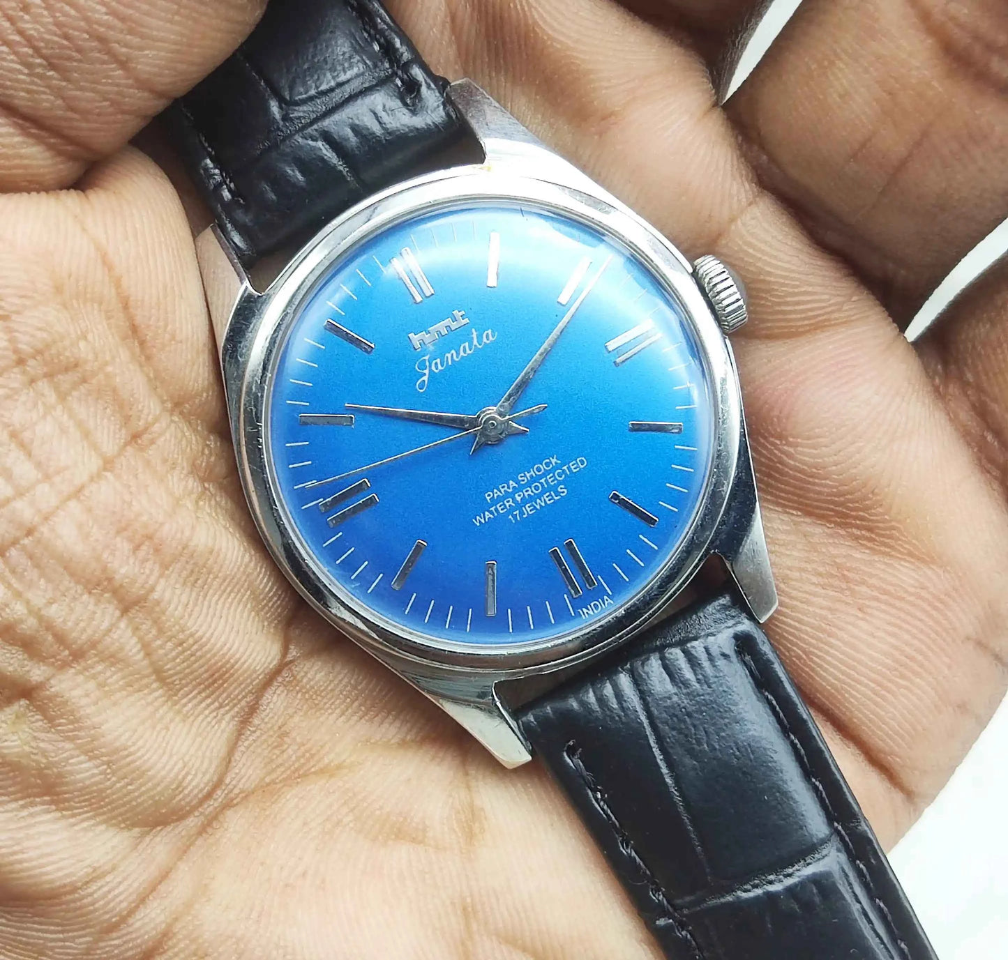 HMT Janata Stick Indices Blue Dial Watch - 17 Jewels, Men's Handwinding Watch