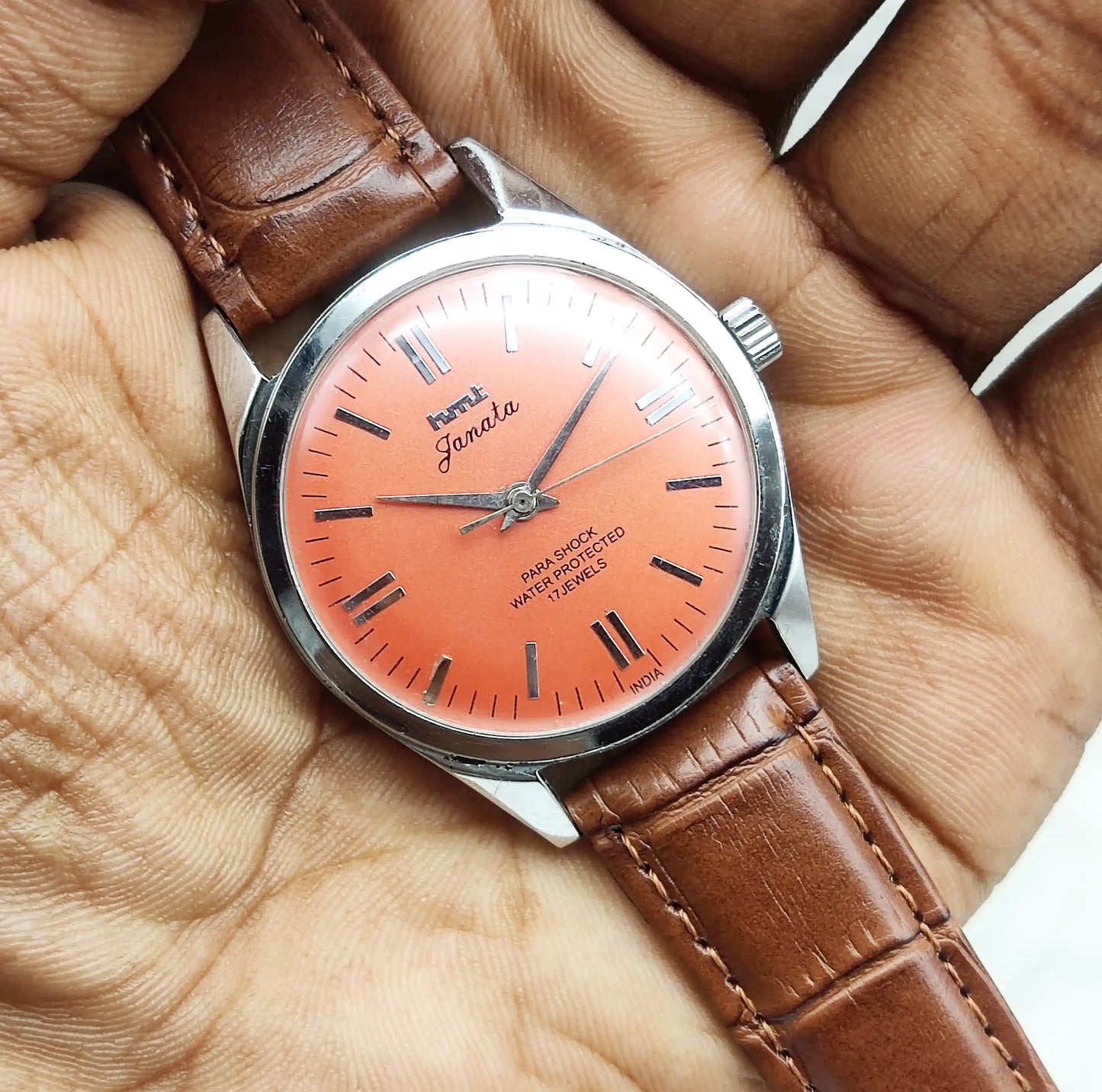 HMT Janata Stick Indices Reddish Dial Watch - 17 Jewels, Handwinding Watch