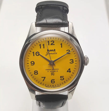 HMT Janata Sun Yellow English Numerals Handwinding Watch Transparent Back