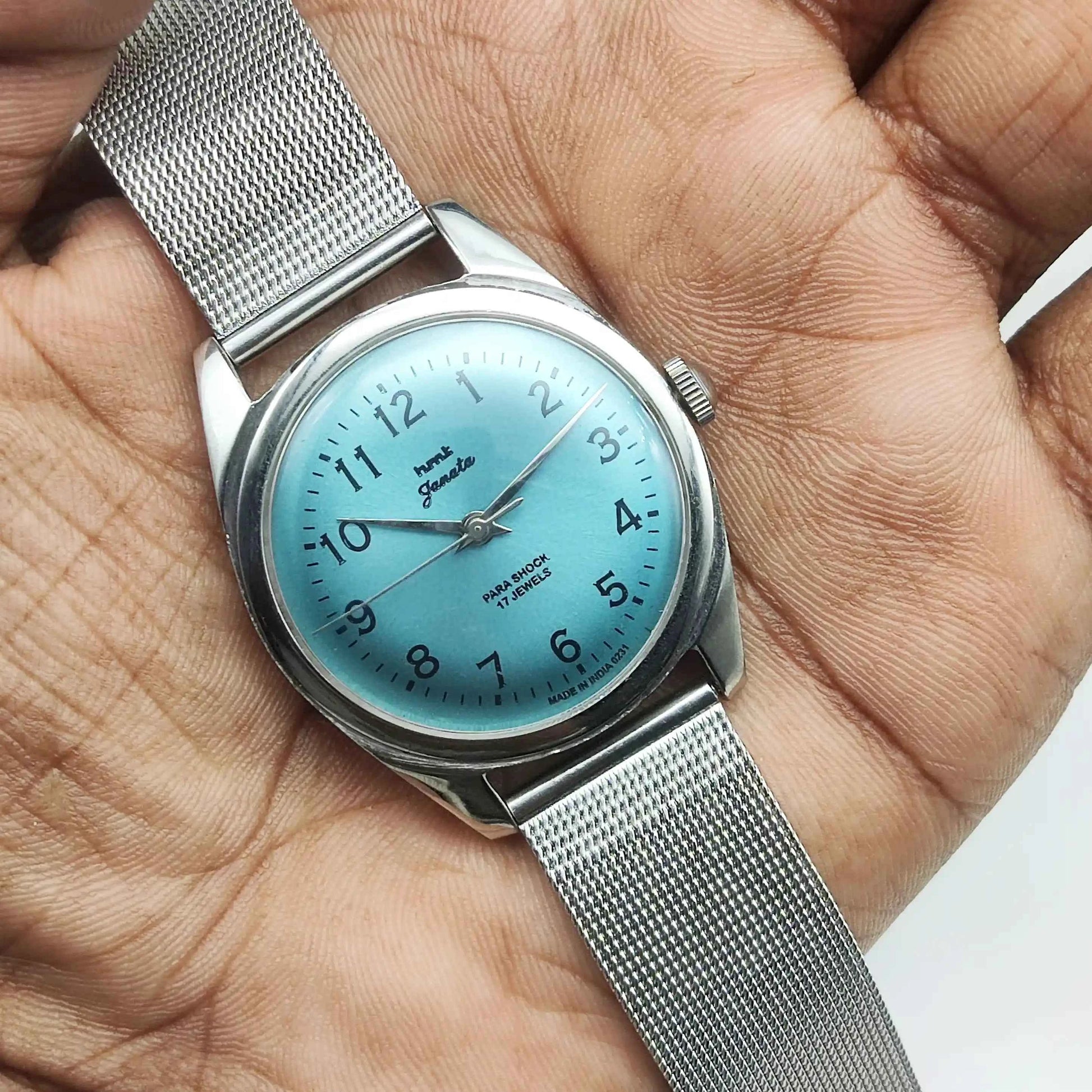 HMT Janata Tiffany Blue Dial English Numerals Para Shock 17 Jewels Watch