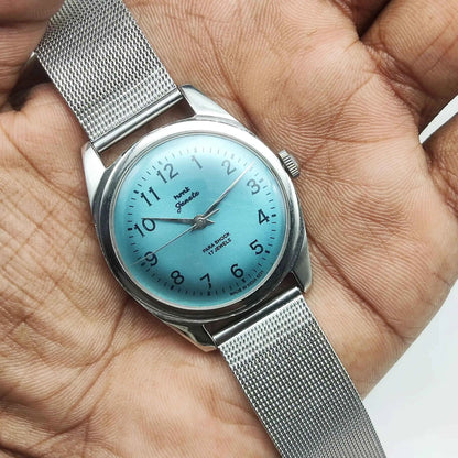 HMT Janata Tiffany Blue Dial English Numerals Para Shock 17 Jewels Watch