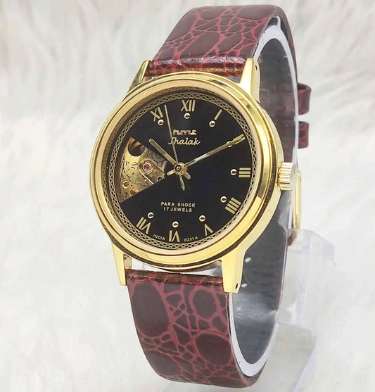 HMT Jhalak Black Dial Para Shock Men's Watch 0231 - 17 Jewels Skeleton Dial for Style and Precision