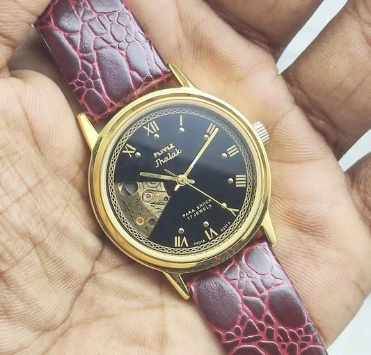 HMT Jhalak Black Dial Para Shock Men's Watch 0231 - 17 Jewels Skeleton Dial for Style and Precision