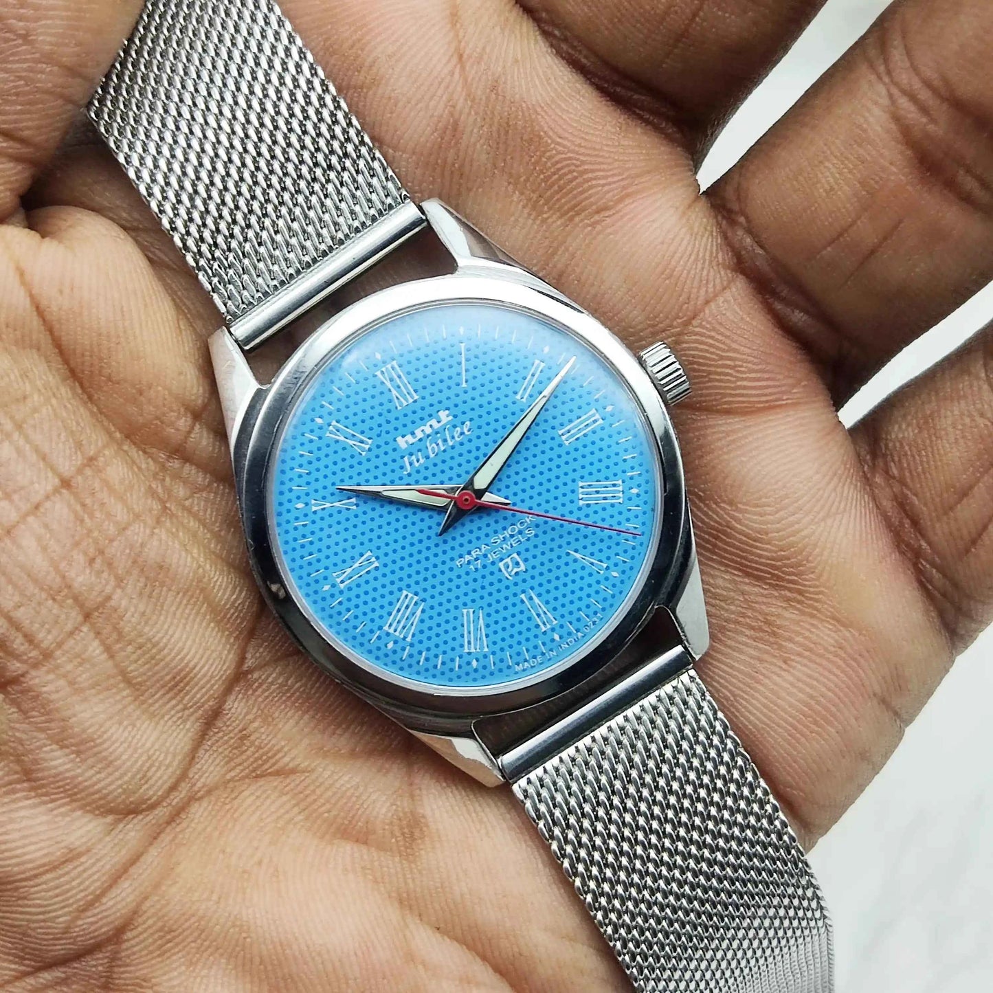 HMT Jubilee 17 Jewels Sky Blue Dial Roman Numerals Indices Handwinding Watch
