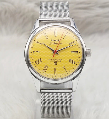 HMT Jubilee 17 Jewels Sun Yellow Dial With Roman Numerals Indices Handwinding Watch