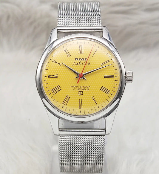 HMT Jubilee 17 Jewels Sun Yellow Dial With Roman Numerals Indices Handwinding Watch