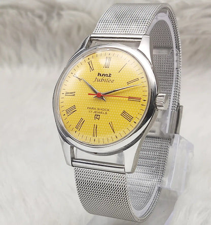 HMT Jubilee 17 Jewels Sun Yellow Dial With Roman Numerals Indices Handwinding Watch