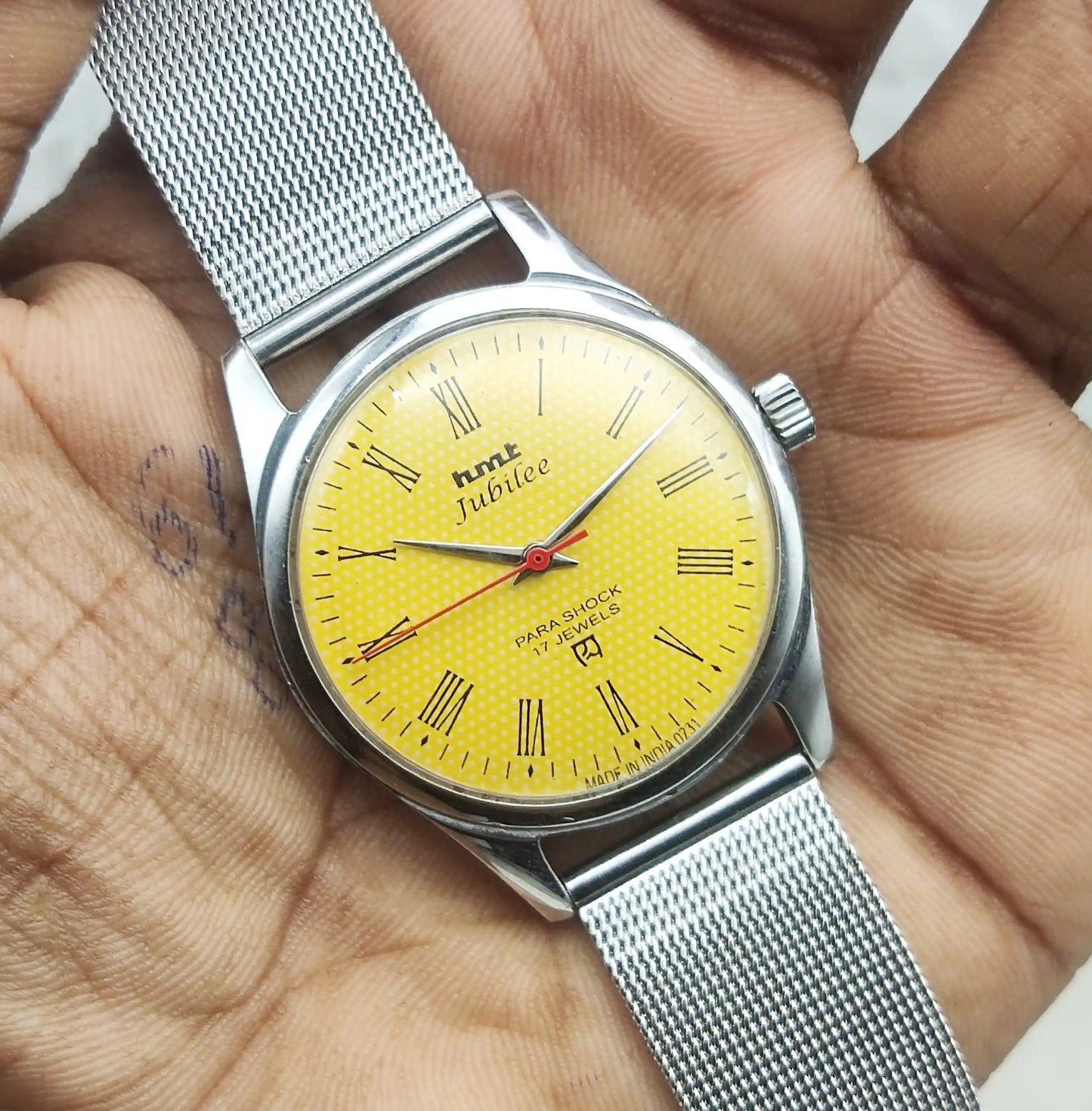 HMT Jubilee 17 Jewels Sun Yellow Dial With Roman Numerals Indices Handwinding Watch