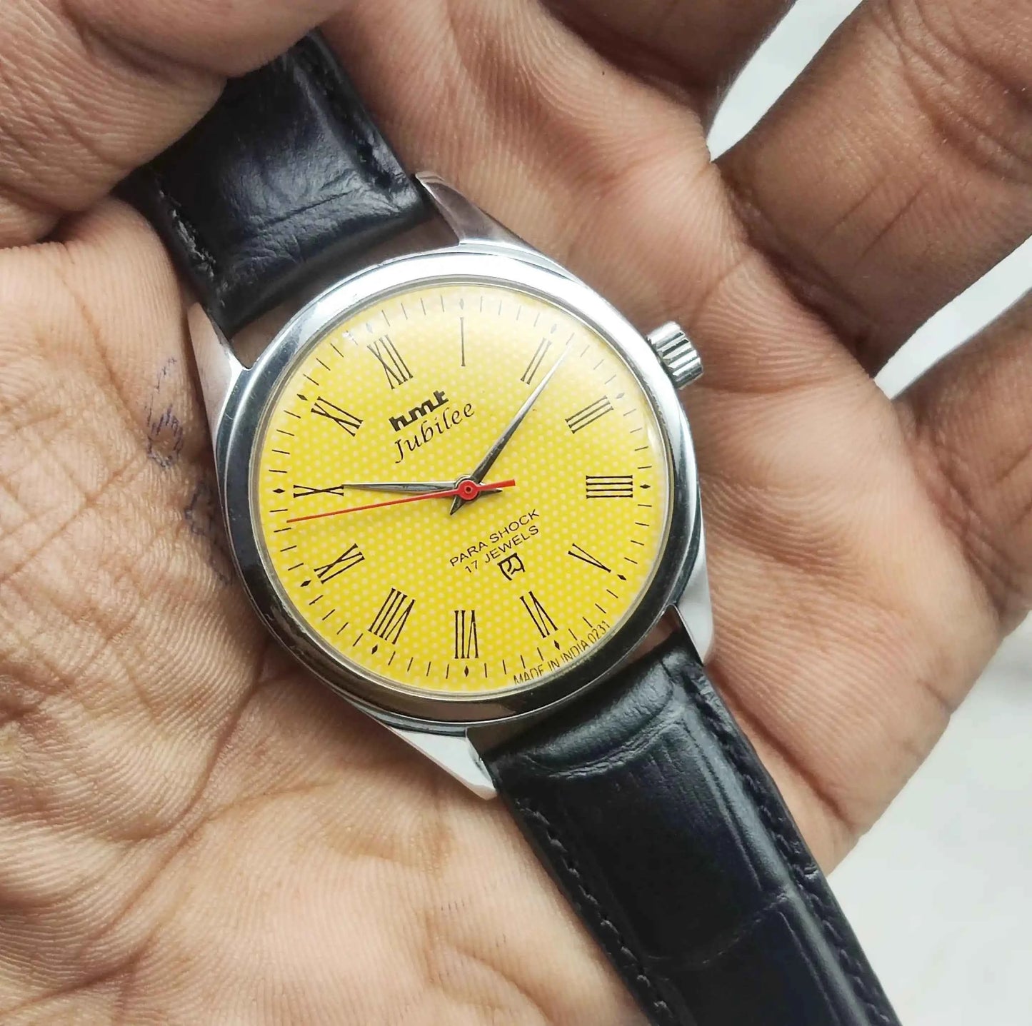 HMT Jubilee Sun Yellow Dial Watch with Roman Numerals and 17 Jewels